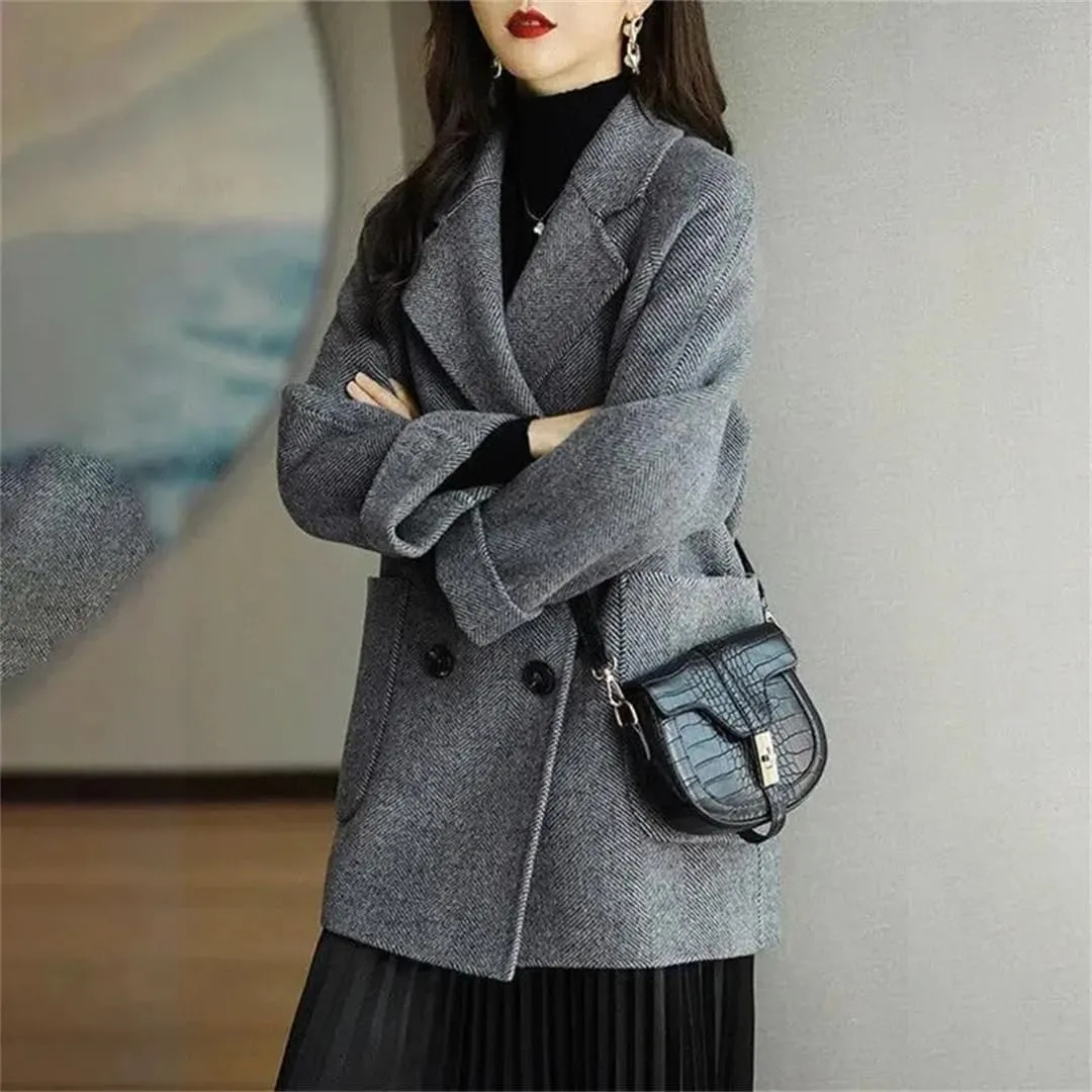 Women Mid-Length Woolen Coats Office Loose Warm Thick Wool Blend Jackets Outerwear