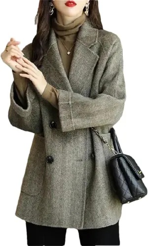Women Mid-Length Woolen Coats Office Loose Warm Thick Wool Blend Jackets Outerwear