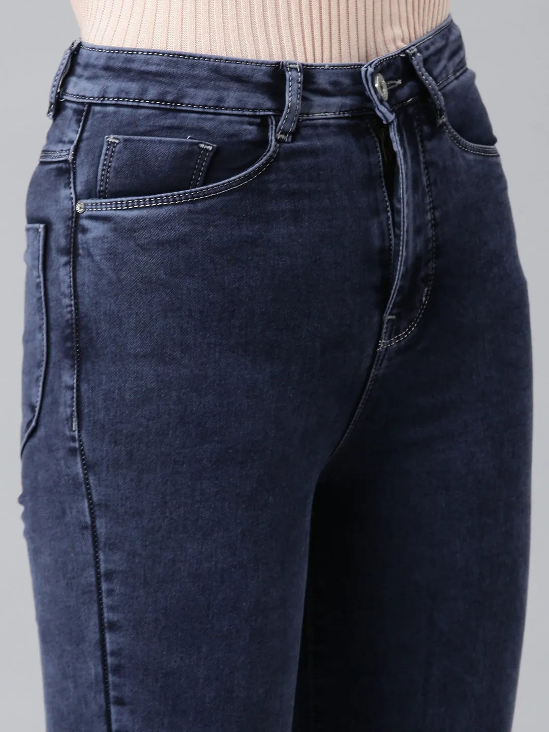 Women Navy Blue Solid Flared Denim Jeans