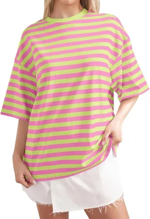 Women Oversized Striped Color Block Short Sleeve Crew Neck T Shirts Casual Loose Short Sleeved Shirts for Women