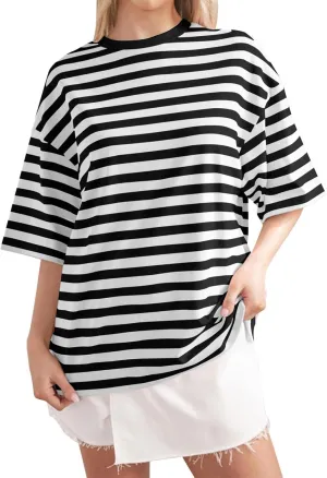 Women Oversized Striped Color Block Short Sleeve Crew Neck T Shirts Casual Loose Short Sleeved Shirts for Women