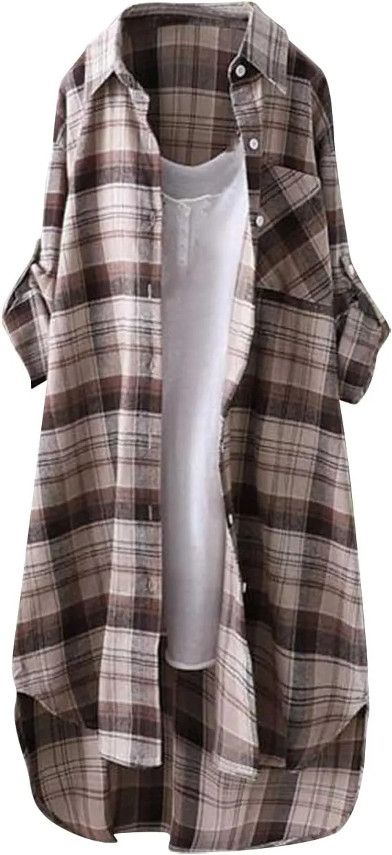 Women Plus Size Shacket Plaid Shirts Long Sleeve Casual Jacket Tops Oversized Fall Jacket Coat Button Down Shirts