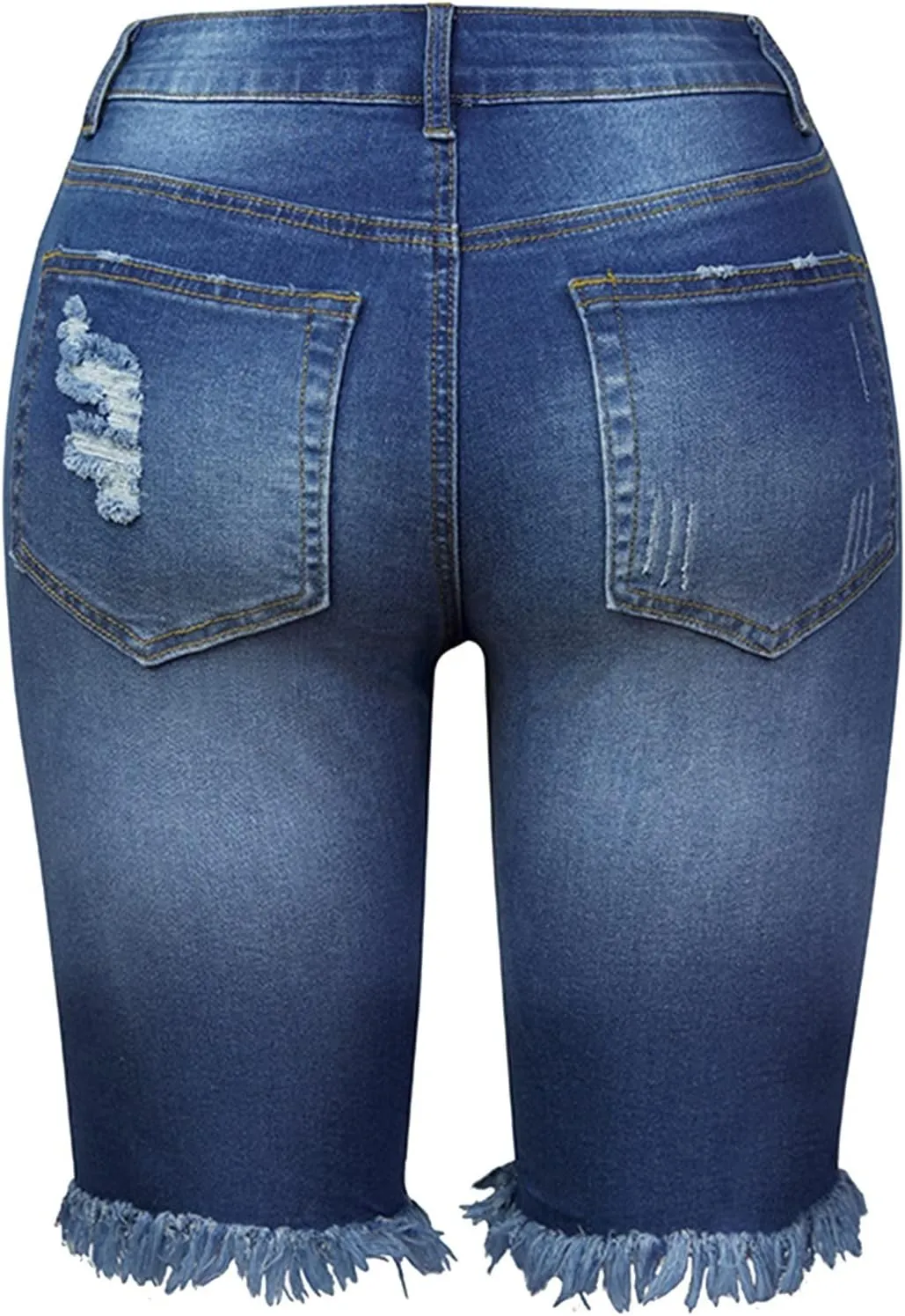 Women Ripped Stretchy Long Jean Shorts Y2K Mid Rise Knee Length Cut Off Frayed Distressed High Waist Bermuda Shorts