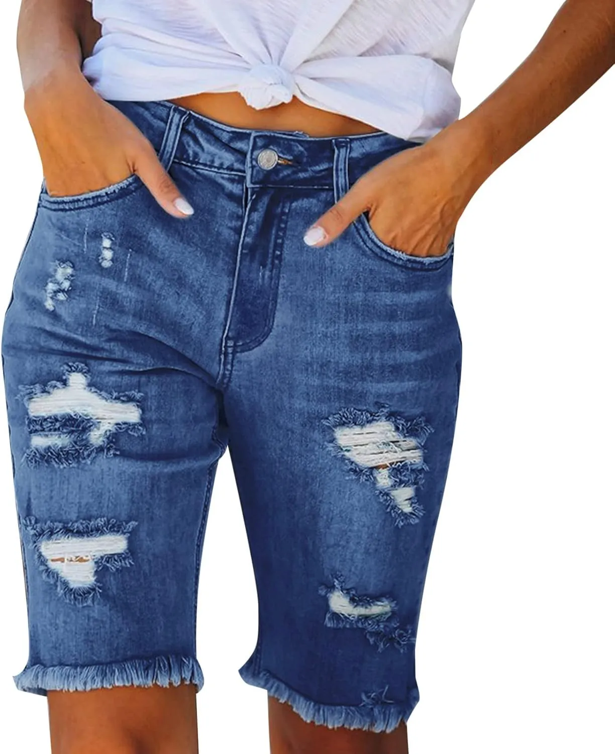 Women Ripped Stretchy Long Jean Shorts Y2K Mid Rise Knee Length Cut Off Frayed Distressed High Waist Bermuda Shorts