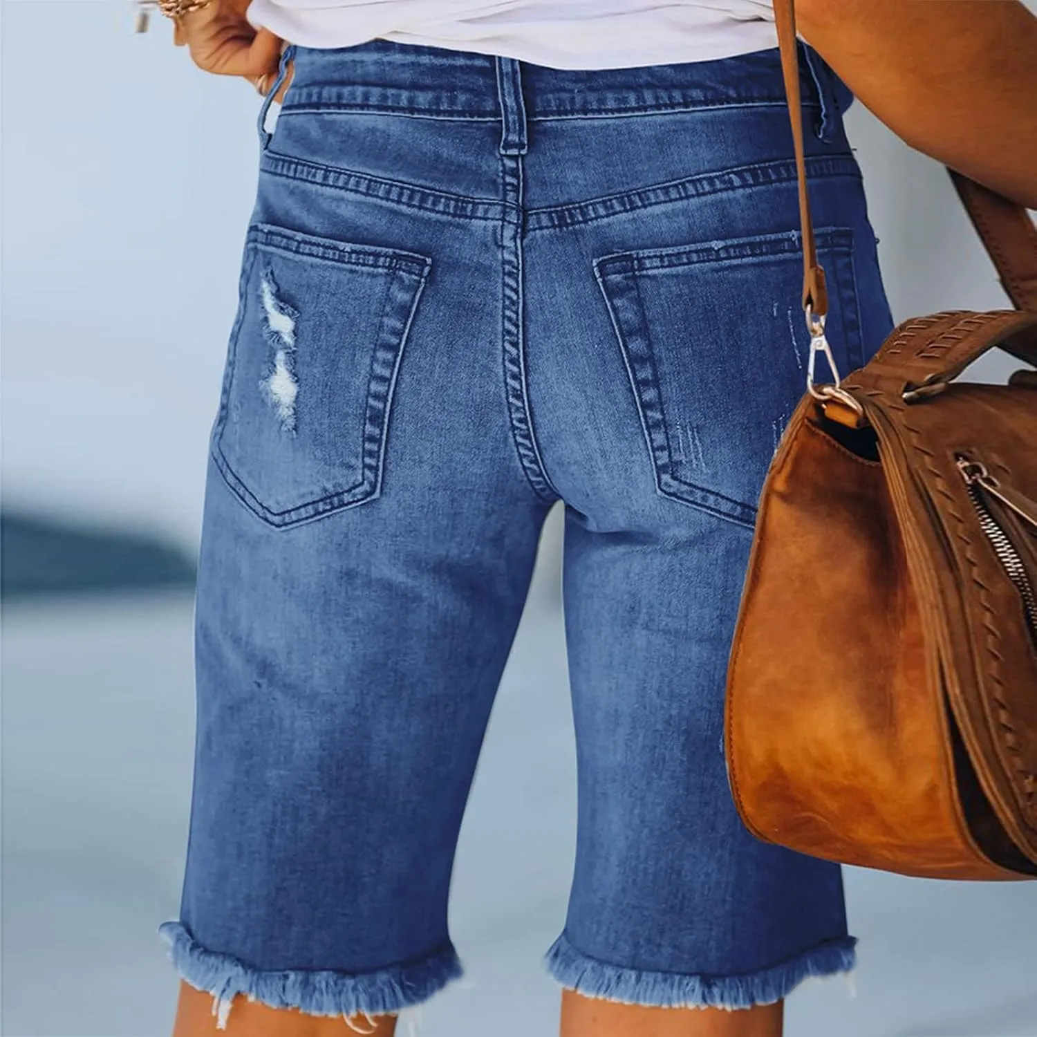 Women Ripped Stretchy Long Jean Shorts Y2K Mid Rise Knee Length Cut Off Frayed Distressed High Waist Bermuda Shorts