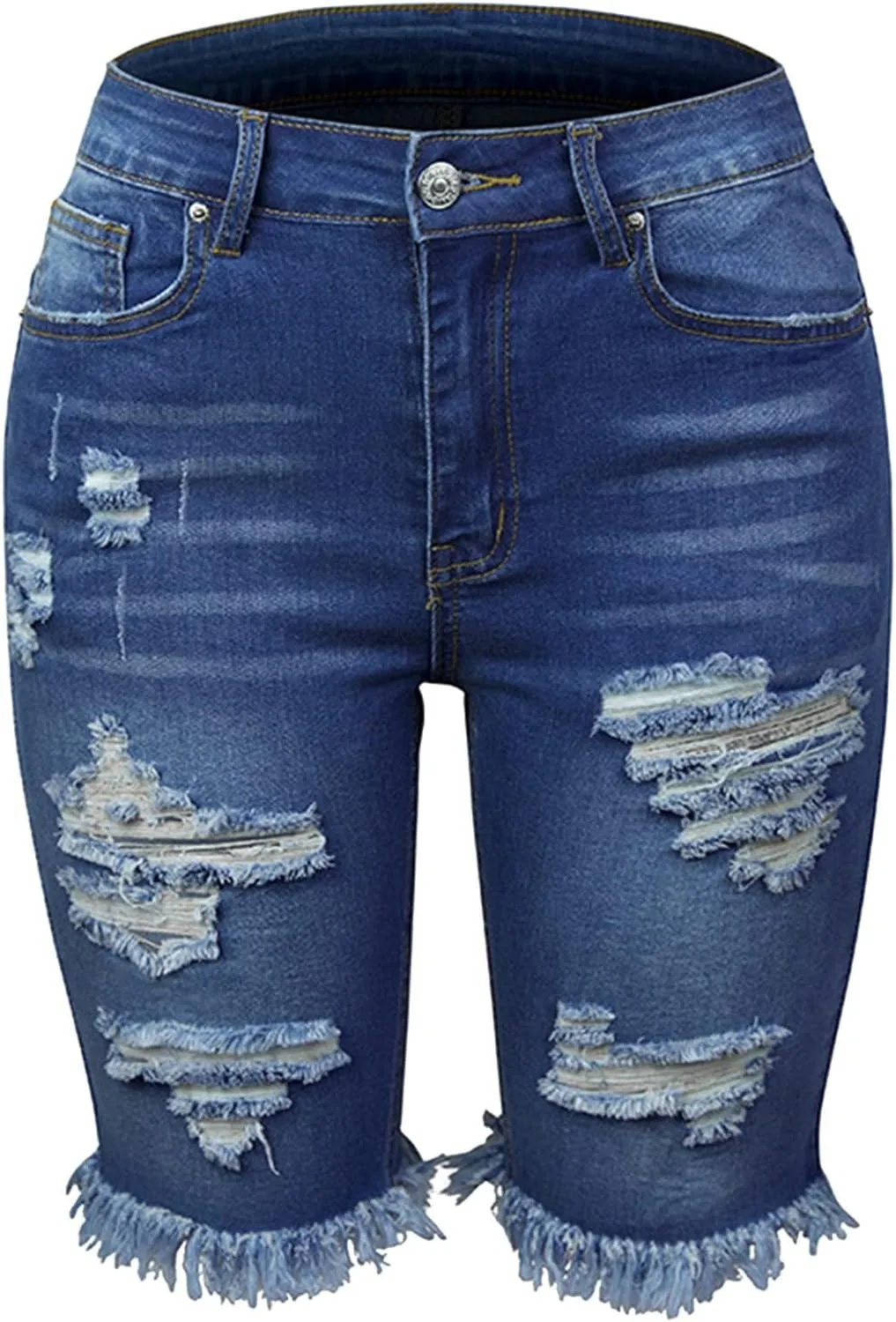 Women Ripped Stretchy Long Jean Shorts Y2K Mid Rise Knee Length Cut Off Frayed Distressed High Waist Bermuda Shorts