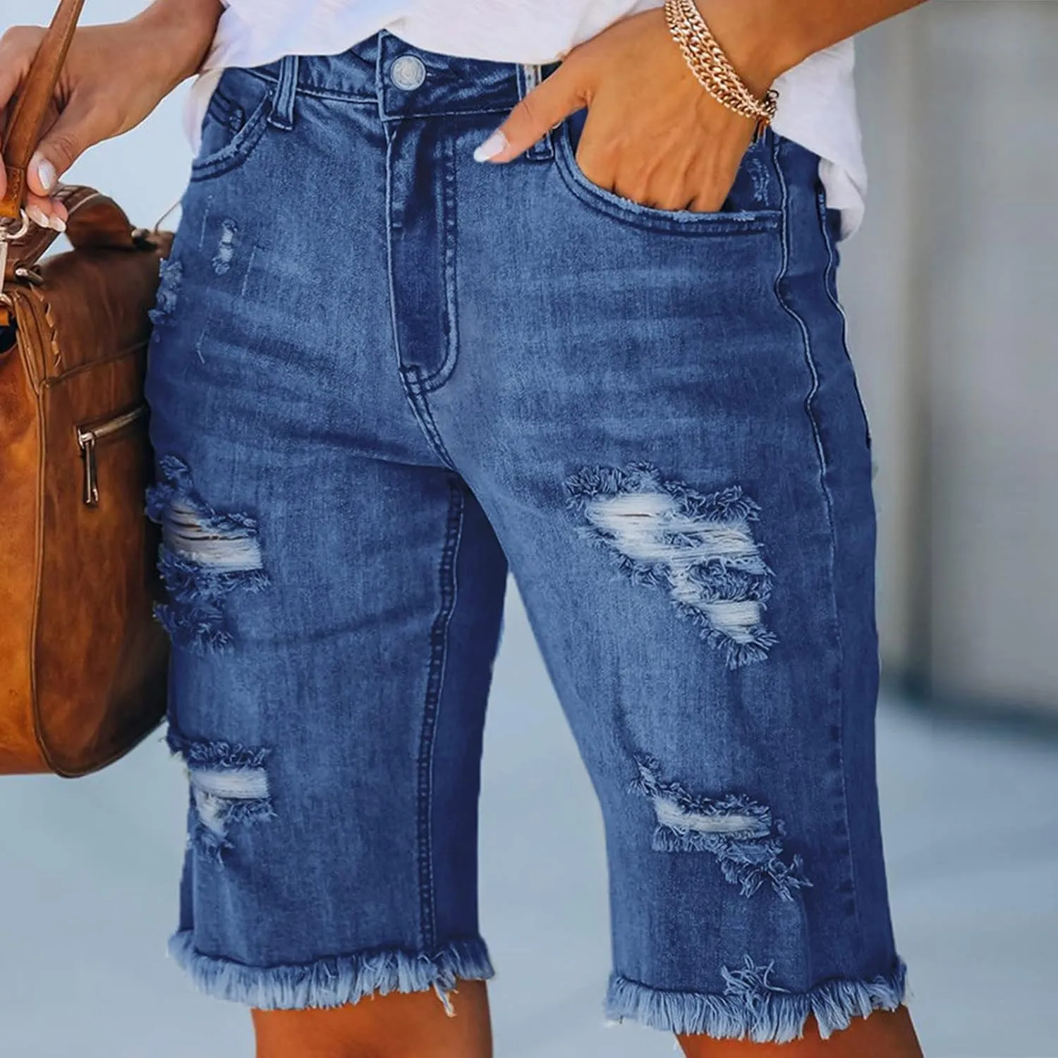 Women Ripped Stretchy Long Jean Shorts Y2K Mid Rise Knee Length Cut Off Frayed Distressed High Waist Bermuda Shorts