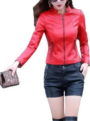 Women Spring O-Neck Leather Jacket Moto Biker Zipper Long Sleeve Slim Jackets Outerwear