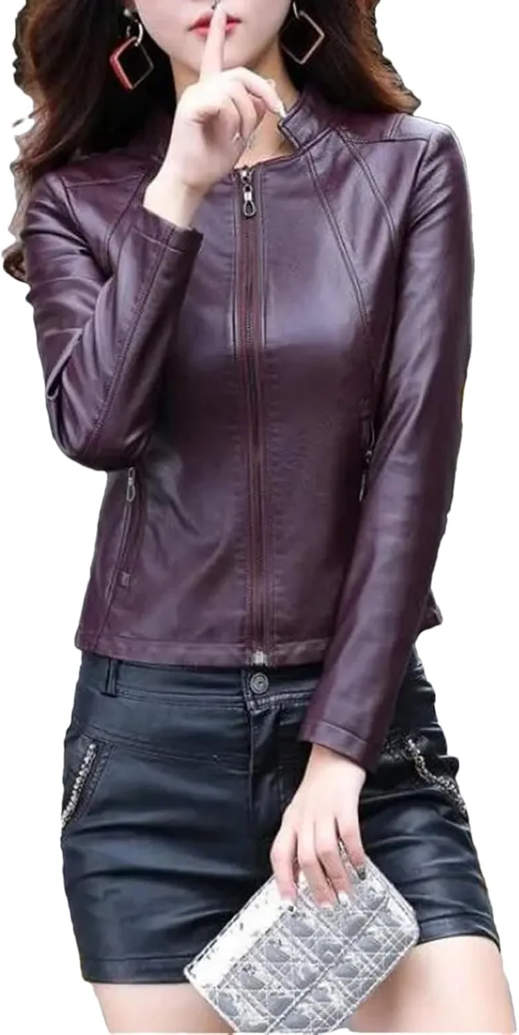 Women Spring O-Neck Leather Jacket Moto Biker Zipper Long Sleeve Slim Jackets Outerwear