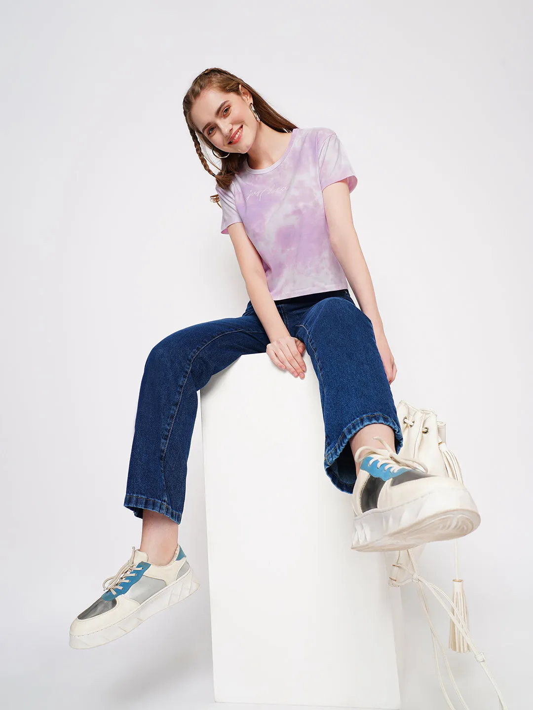 Women Tie & Dye Typographic Chest Print Slim Fit Crop T-Shirt