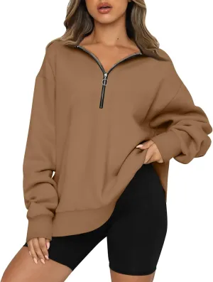 Womens 2024 Fall Oversized Sweatshirts Hoodies Quarter Zip Pullover Lapel Collar Drop Shoulder Pullover Tops