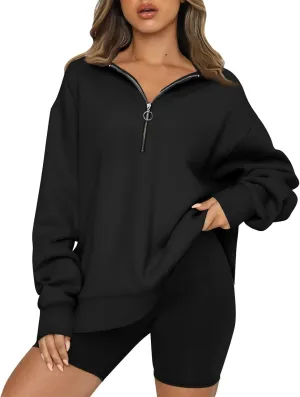 Womens 2024 Fall Oversized Sweatshirts Hoodies Quarter Zip Pullover Lapel Collar Drop Shoulder Pullover Tops