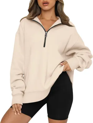 Womens 2024 Fall Oversized Sweatshirts Hoodies Quarter Zip Pullover Lapel Collar Drop Shoulder Pullover Tops