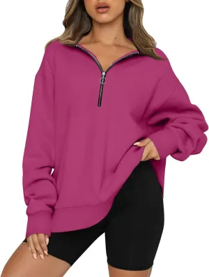 Womens 2024 Fall Oversized Sweatshirts Hoodies Quarter Zip Pullover Lapel Collar Drop Shoulder Pullover Tops