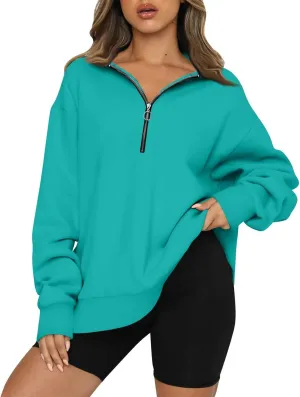 Womens 2024 Fall Oversized Sweatshirts Hoodies Quarter Zip Pullover Lapel Collar Drop Shoulder Pullover Tops