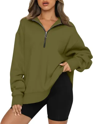 Womens 2024 Fall Oversized Sweatshirts Hoodies Quarter Zip Pullover Lapel Collar Drop Shoulder Pullover Tops