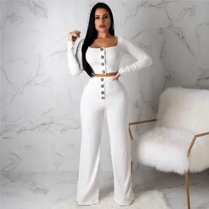 Women's Autumn Casual Polyester Two-Piece Jumpsuit With Buttons