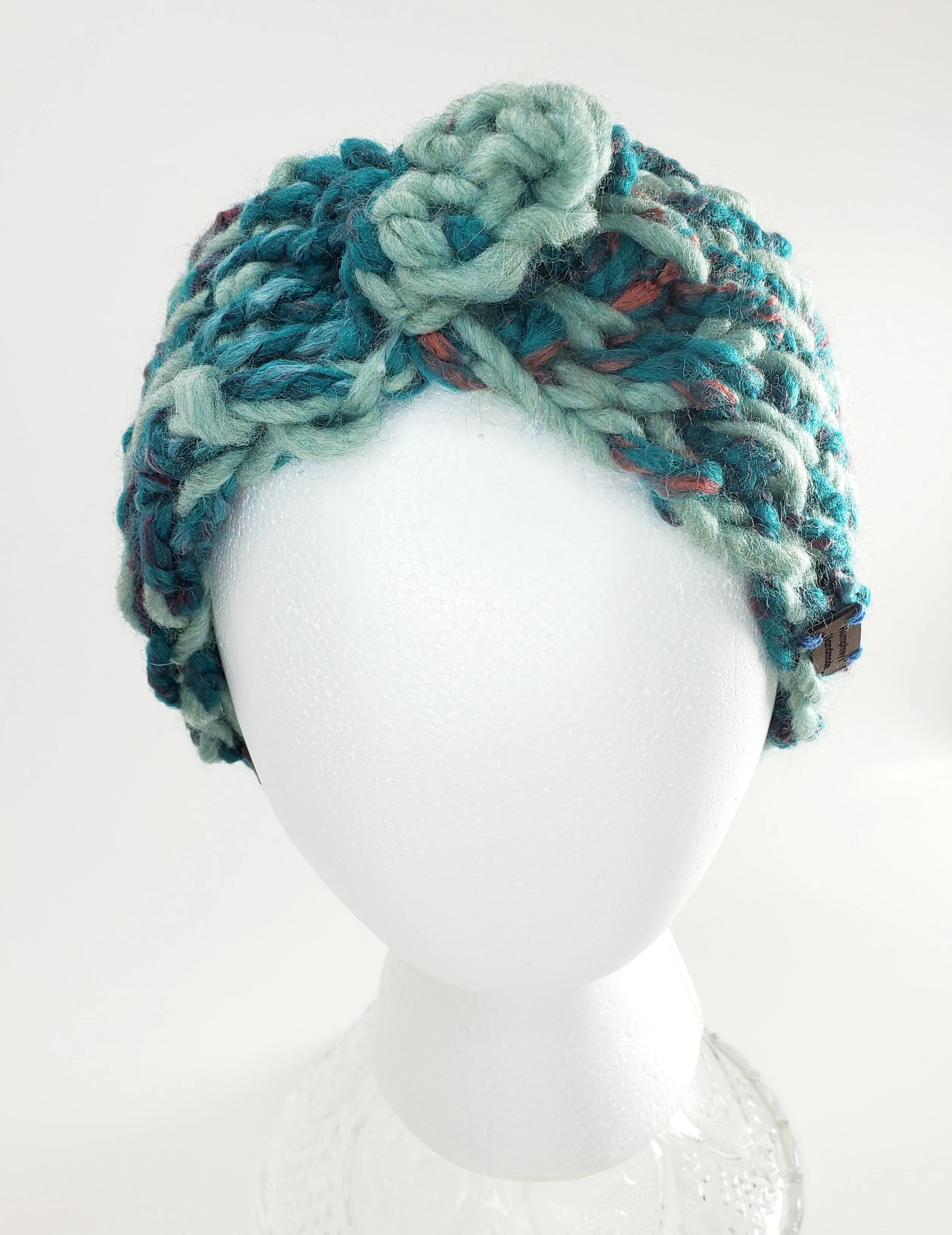 Women's Bulky Turquoise Wool Blend Earwarmer | Tunisian Crochet Winter Headband | USA Made | Teal Blue Turquoise