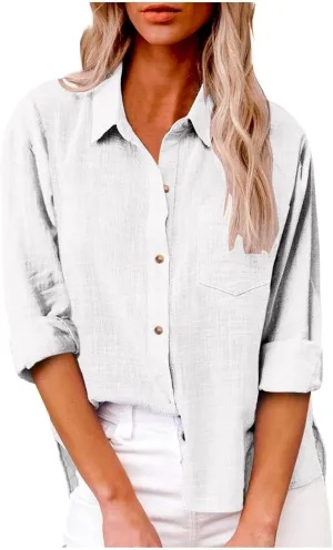 Womens Button Down Linen Shirt Business Casual Tops Long Sleeve Lapel Shirt Dressy Shirts for Work Lightweight Shirts