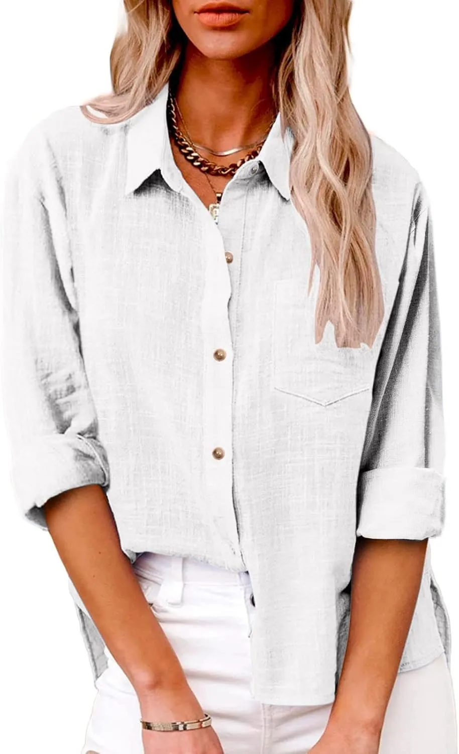 Womens Button Down Linen Shirt Business Casual Tops Long Sleeve Lapel Shirt Dressy Shirts for Work Lightweight Shirts