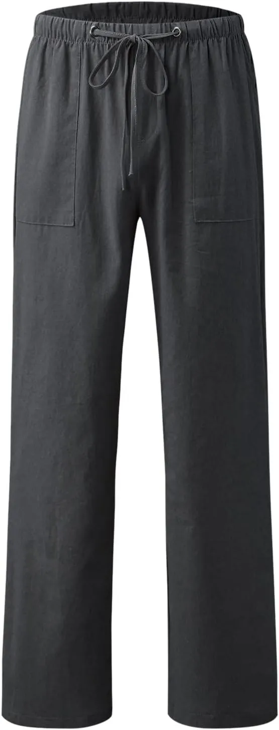 Womens Casual Linen Pants 2024 Drawstring Elastic Waist Trousers Lounge Vacation Clothing Summer Drawstring Palazzo