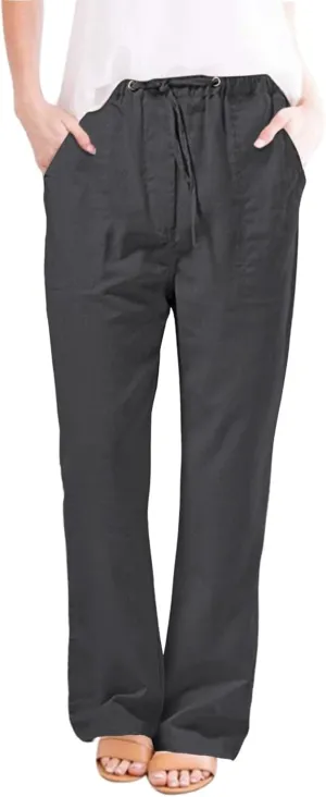 Womens Casual Linen Pants 2024 Drawstring Elastic Waist Trousers Lounge Vacation Clothing Summer Drawstring Palazzo
