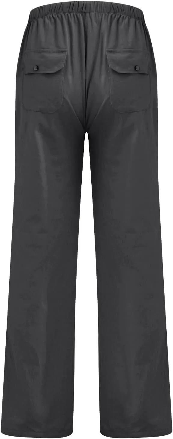 Womens Casual Linen Pants 2024 Drawstring Elastic Waist Trousers Lounge Vacation Clothing Summer Drawstring Palazzo
