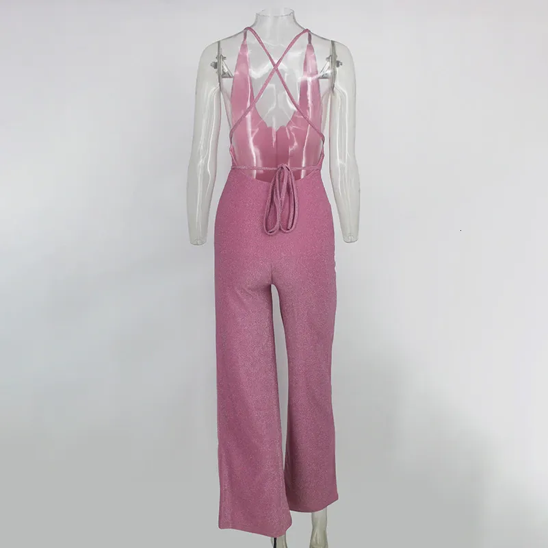Women's Casual Polyester Skinny Backless V-Neck Jumpsuit