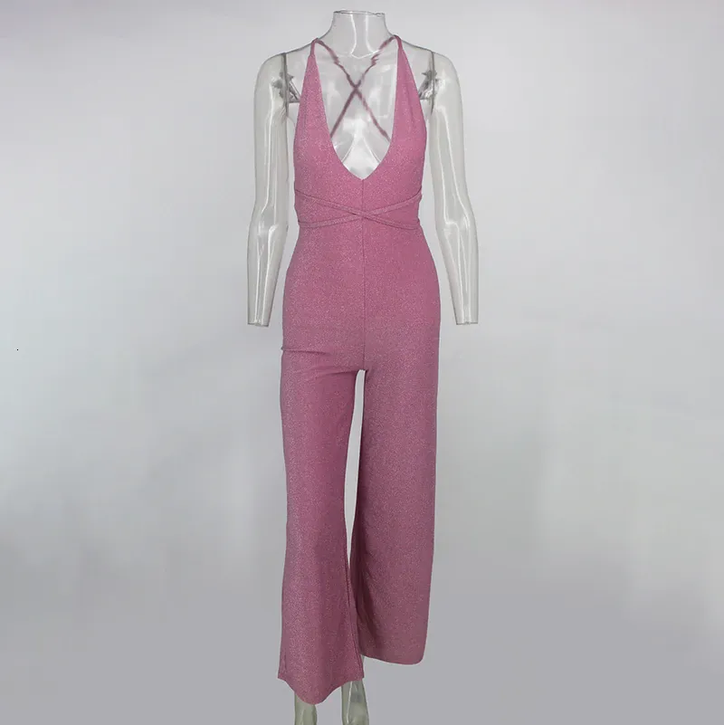 Women's Casual Polyester Skinny Backless V-Neck Jumpsuit