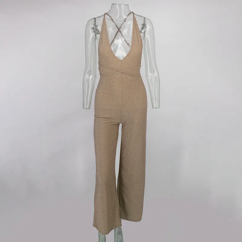 Women's Casual Polyester Skinny Backless V-Neck Jumpsuit