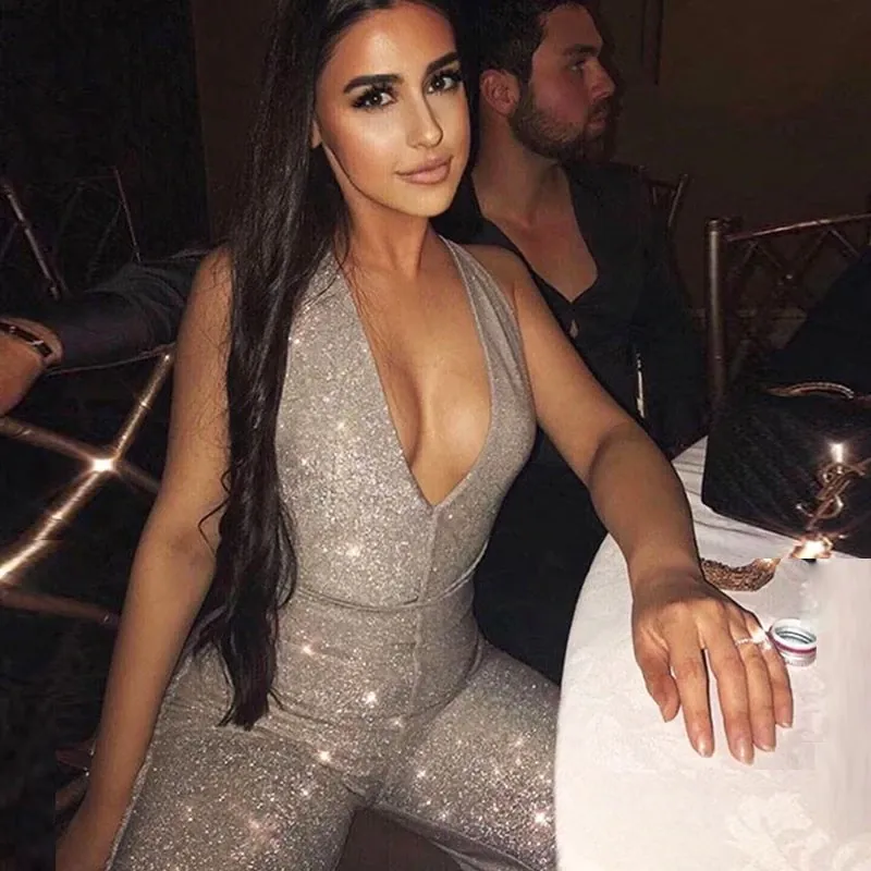 Women's Casual Polyester Skinny Backless V-Neck Jumpsuit