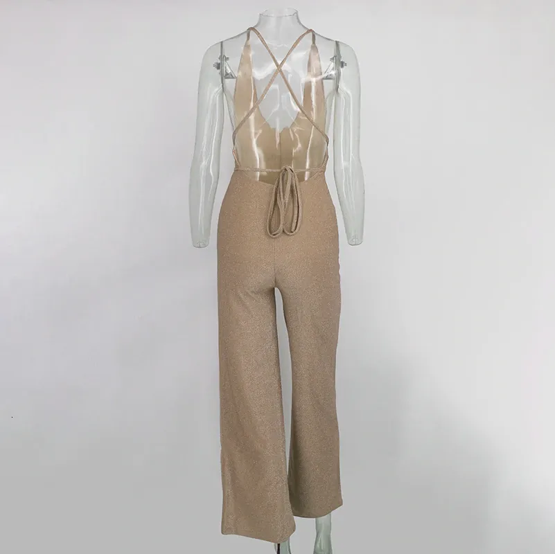 Women's Casual Polyester Skinny Backless V-Neck Jumpsuit