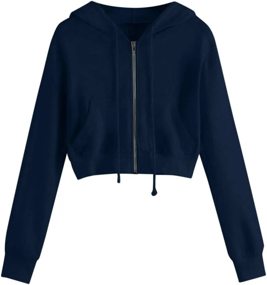 Womens Cropped Hoodie Zip Up Cropped Sweatshirts Hoodies Fashion Fall Outfits Drawstring Casual Y2K Workout Jackets