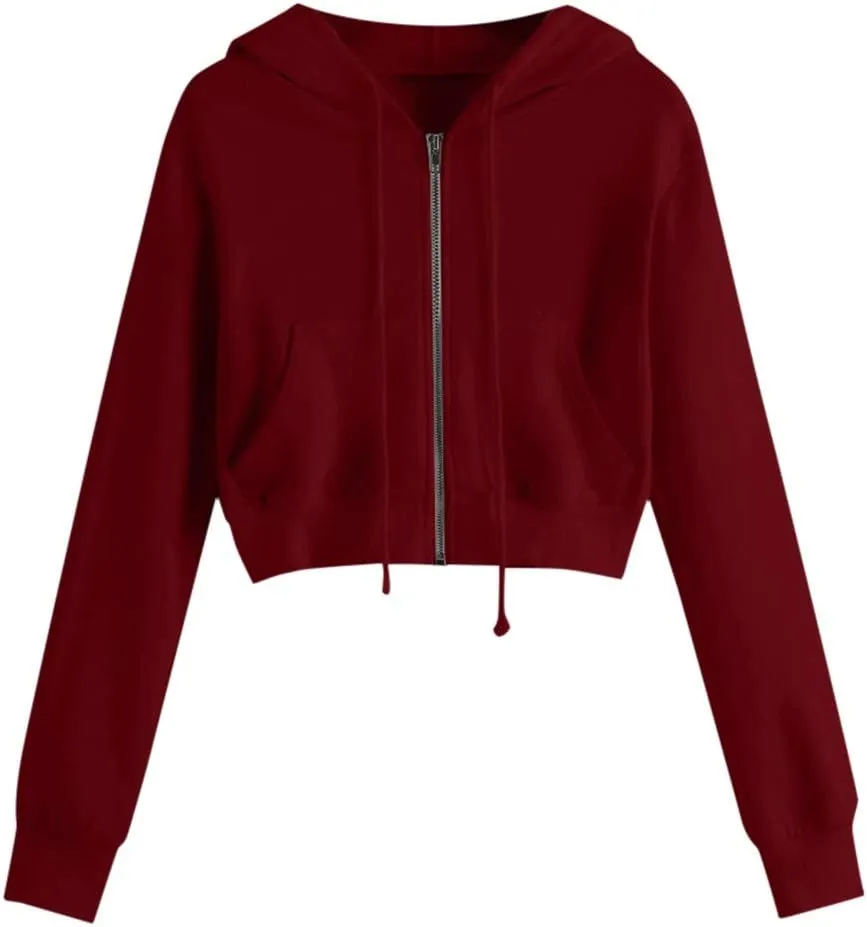 Womens Cropped Hoodie Zip Up Cropped Sweatshirts Hoodies Fashion Fall Outfits Drawstring Casual Y2K Workout Jackets