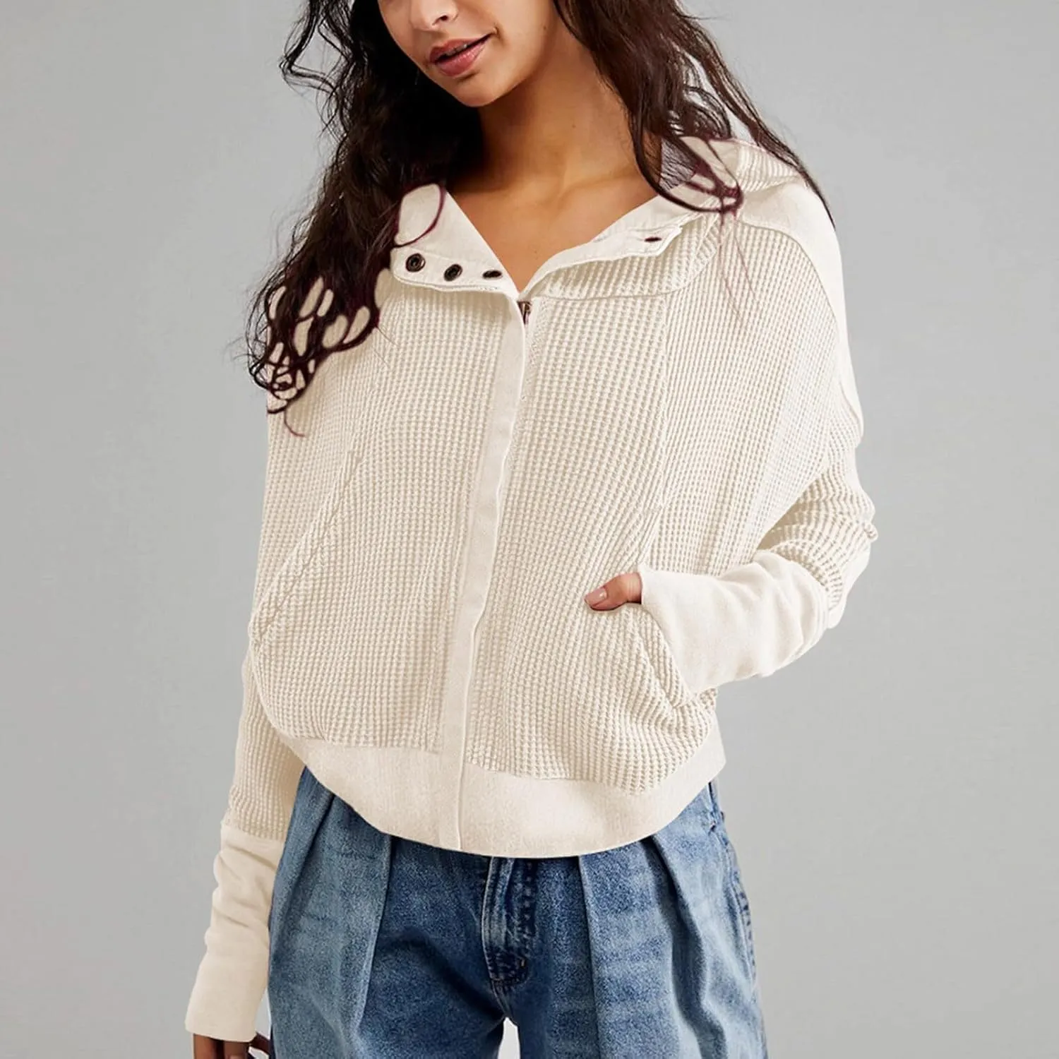Womens Cropped Jackets 2023 Fashion Zipper Sweatshirts Hoodies Button Neck Plain Tops Fall Outfits Winter Clothes
