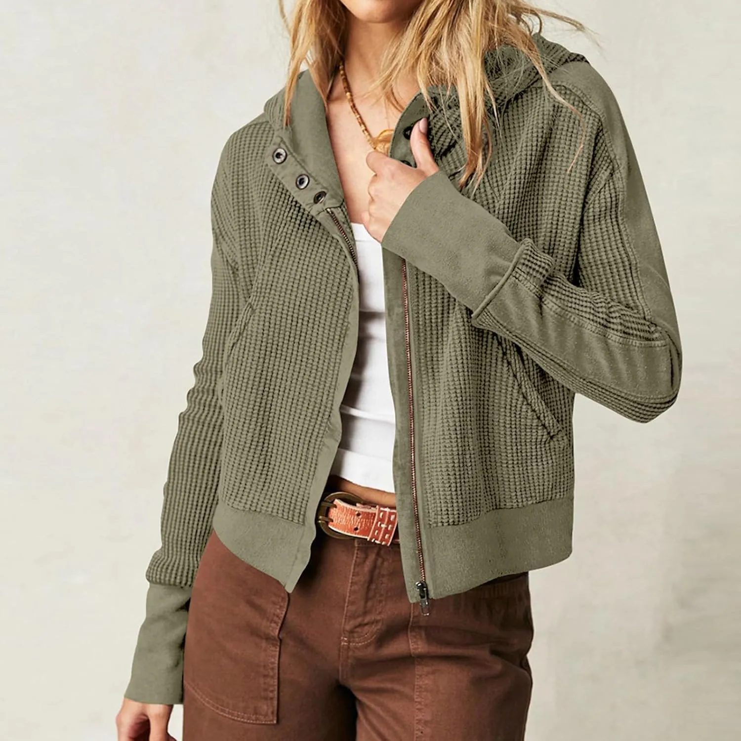 Womens Cropped Jackets 2023 Fashion Zipper Sweatshirts Hoodies Button Neck Plain Tops Fall Outfits Winter Clothes