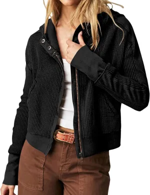 Womens Cropped Jackets 2023 Fashion Zipper Sweatshirts Hoodies Button Neck Plain Tops Fall Outfits Winter Clothes