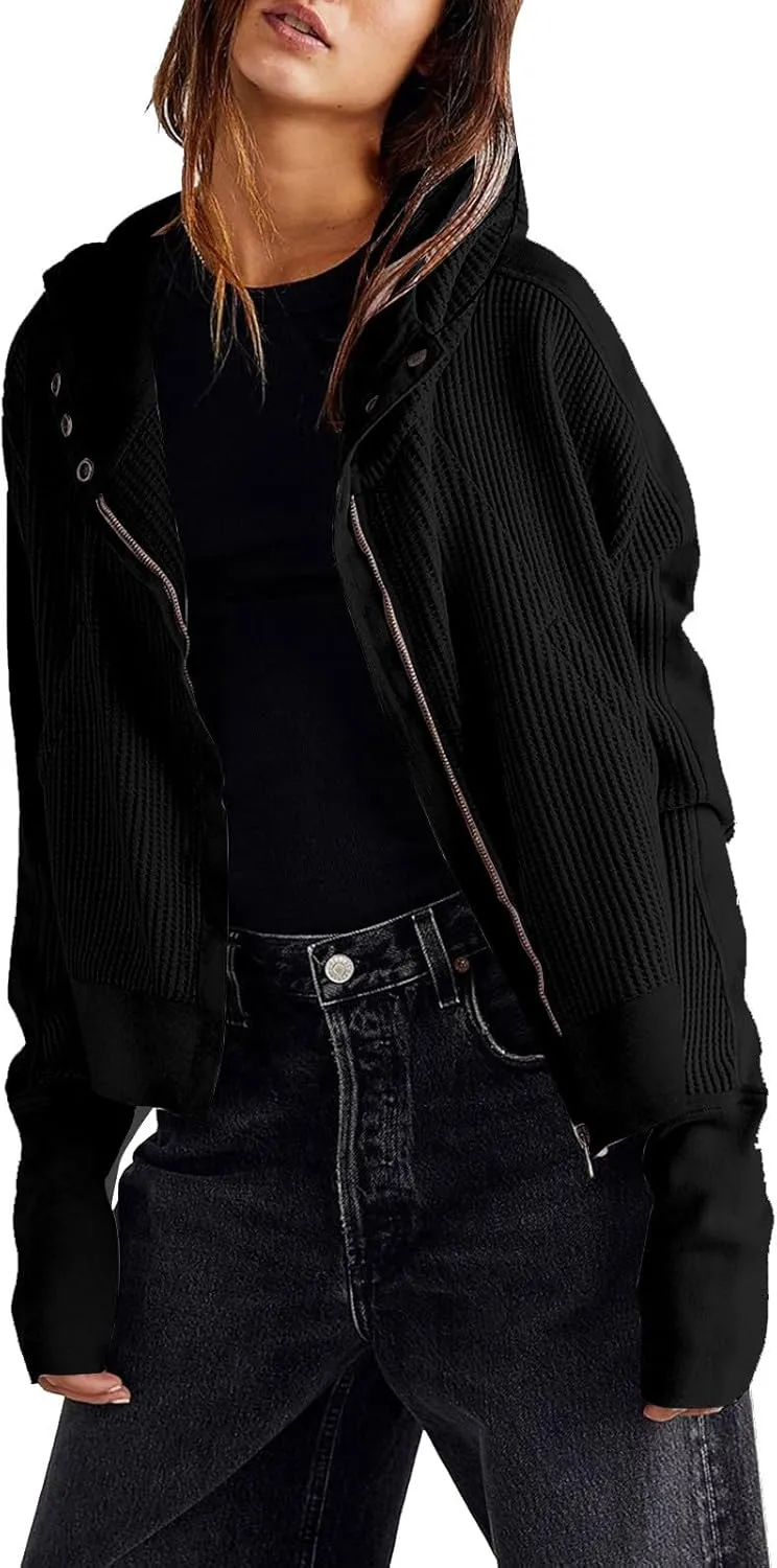 Womens Cropped Jackets 2023 Fashion Zipper Sweatshirts Hoodies Button Neck Plain Tops Fall Outfits Winter Clothes