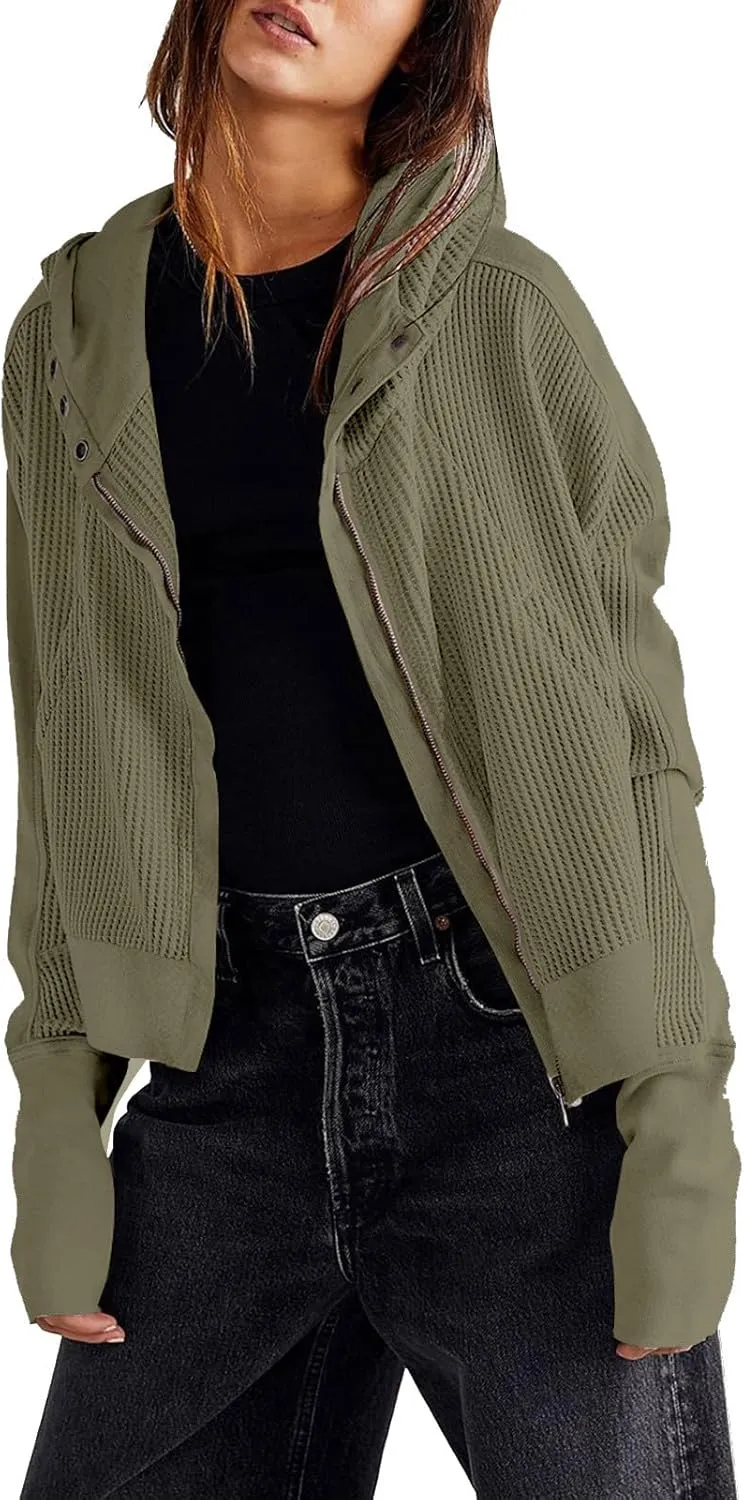 Womens Cropped Jackets 2023 Fashion Zipper Sweatshirts Hoodies Button Neck Plain Tops Fall Outfits Winter Clothes
