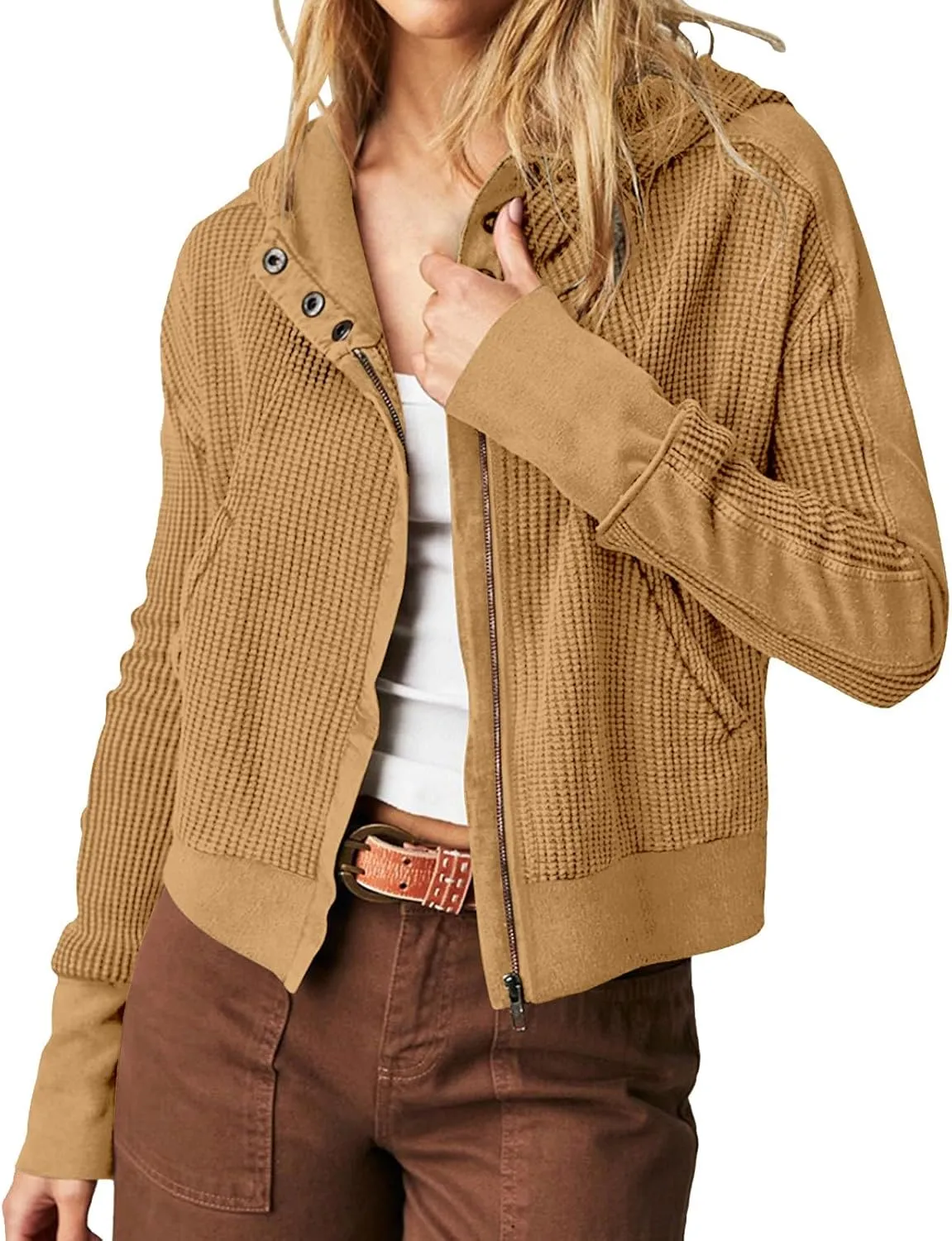 Womens Cropped Jackets 2023 Fashion Zipper Sweatshirts Hoodies Button Neck Plain Tops Fall Outfits Winter Clothes