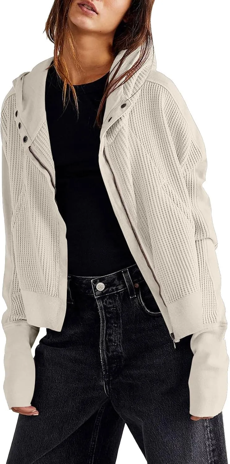 Womens Cropped Jackets 2023 Fashion Zipper Sweatshirts Hoodies Button Neck Plain Tops Fall Outfits Winter Clothes