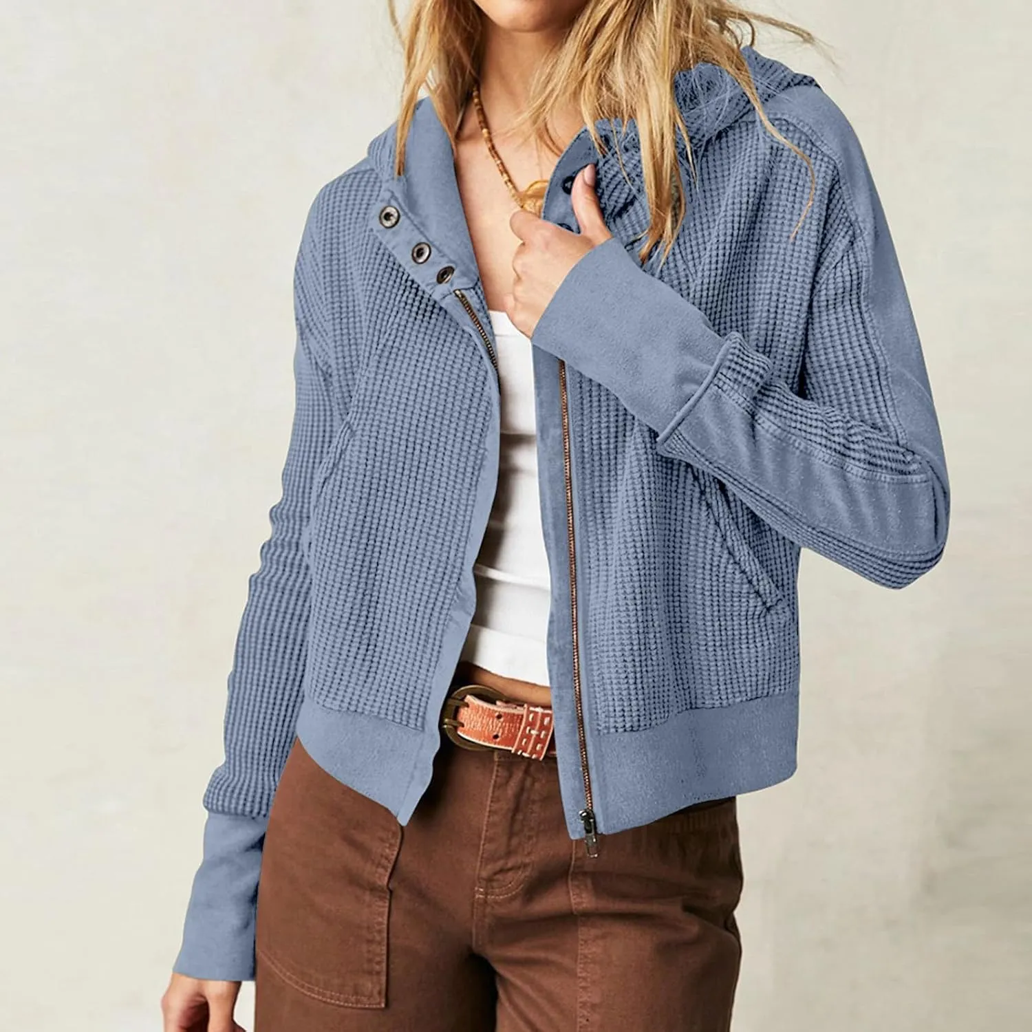 Womens Cropped Jackets 2023 Fashion Zipper Sweatshirts Hoodies Button Neck Plain Tops Fall Outfits Winter Clothes