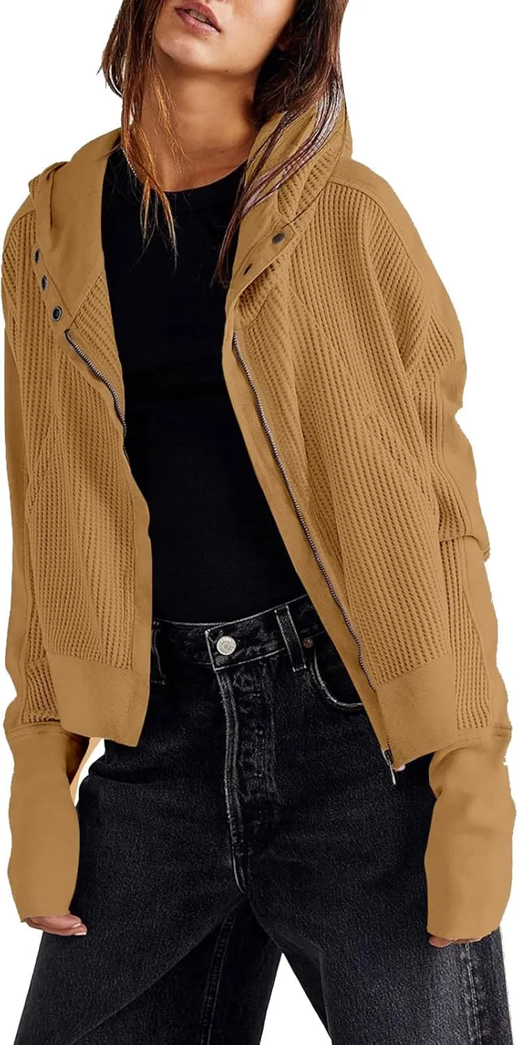 Womens Cropped Jackets 2023 Fashion Zipper Sweatshirts Hoodies Button Neck Plain Tops Fall Outfits Winter Clothes