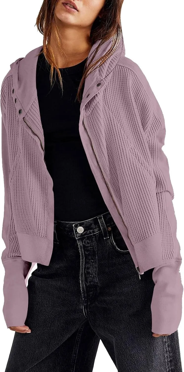 Womens Cropped Jackets 2023 Fashion Zipper Sweatshirts Hoodies Button Neck Plain Tops Fall Outfits Winter Clothes