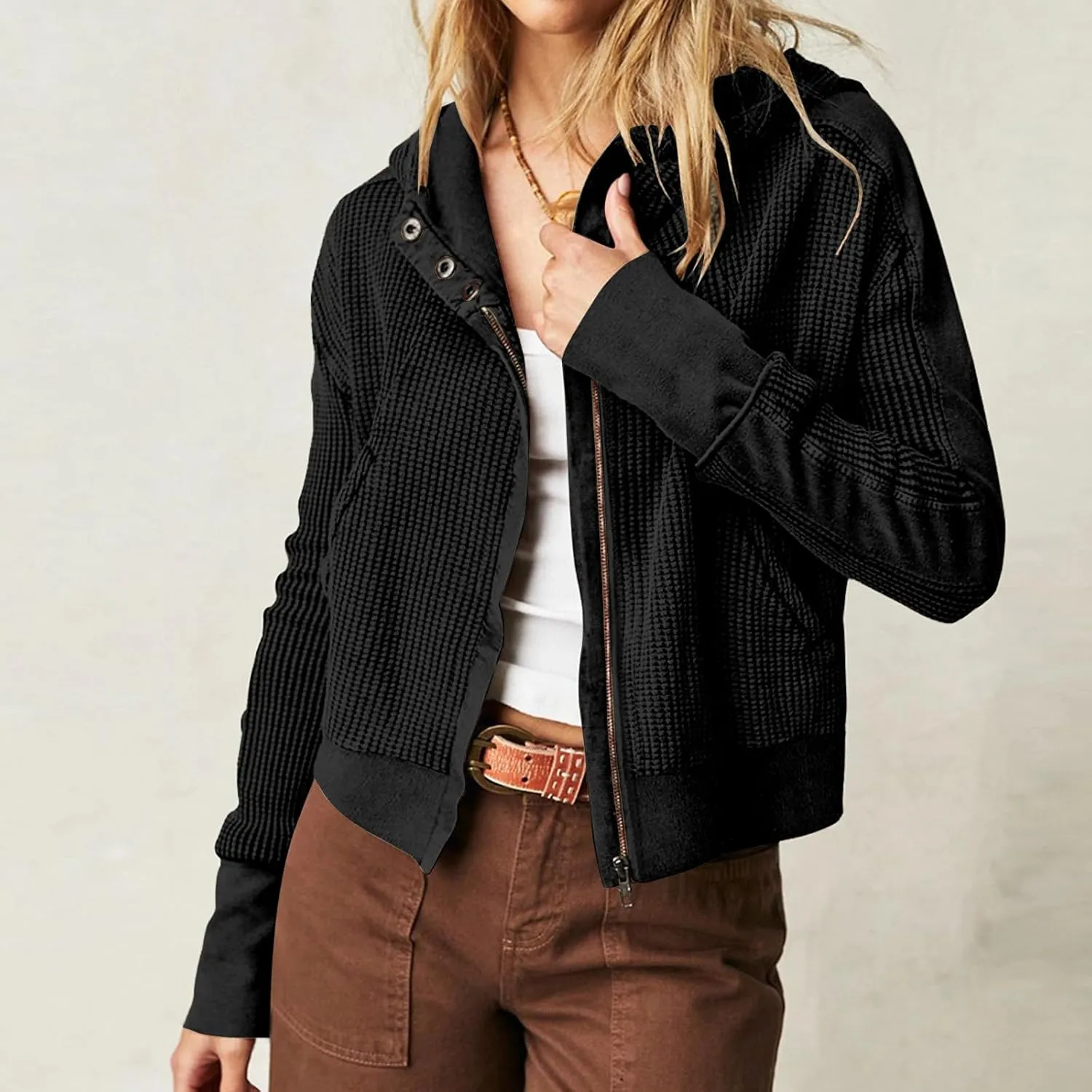 Womens Cropped Jackets 2023 Fashion Zipper Sweatshirts Hoodies Button Neck Plain Tops Fall Outfits Winter Clothes