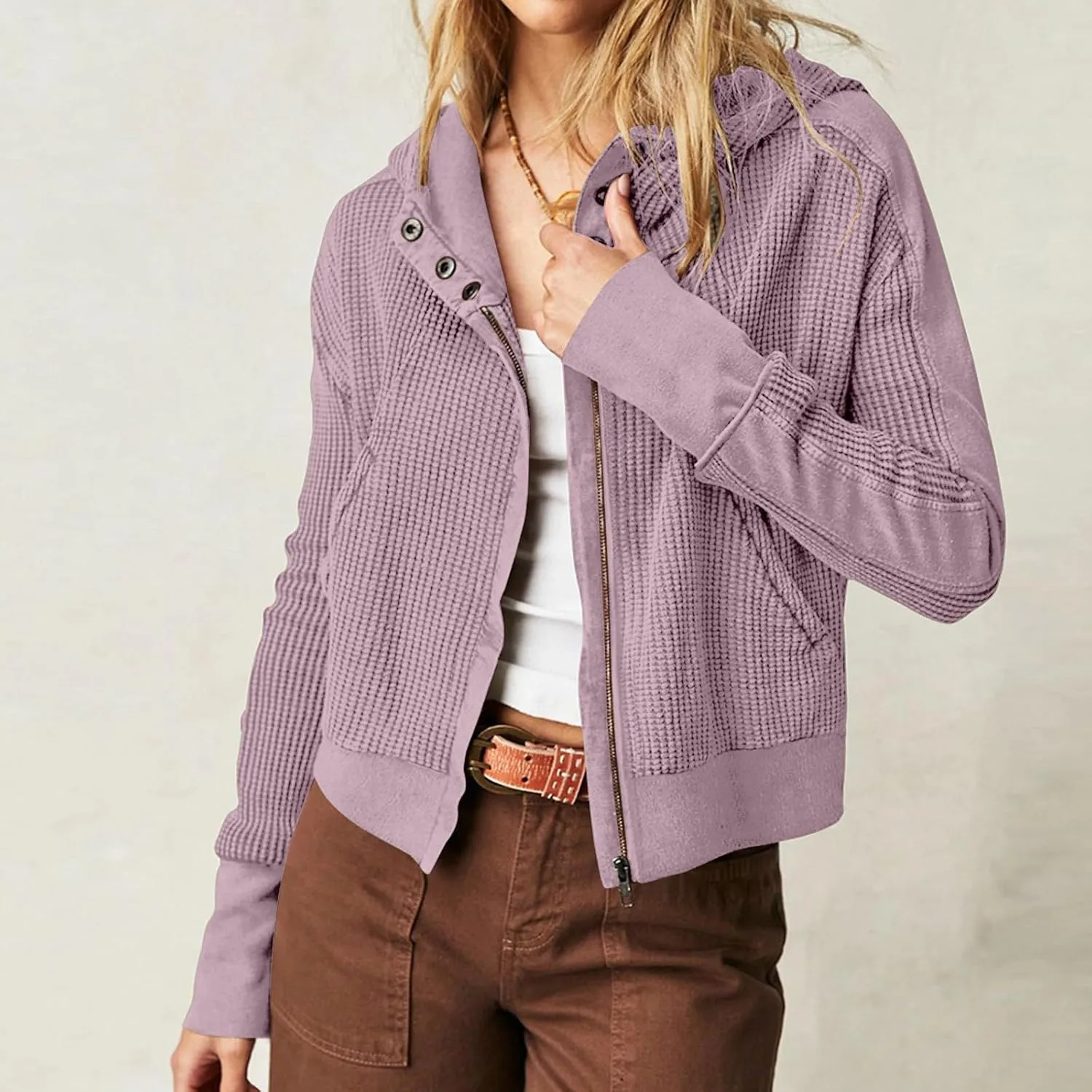 Womens Cropped Jackets 2023 Fashion Zipper Sweatshirts Hoodies Button Neck Plain Tops Fall Outfits Winter Clothes