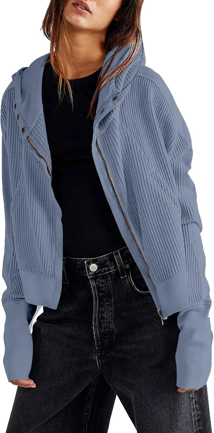 Womens Cropped Jackets 2023 Fashion Zipper Sweatshirts Hoodies Button Neck Plain Tops Fall Outfits Winter Clothes