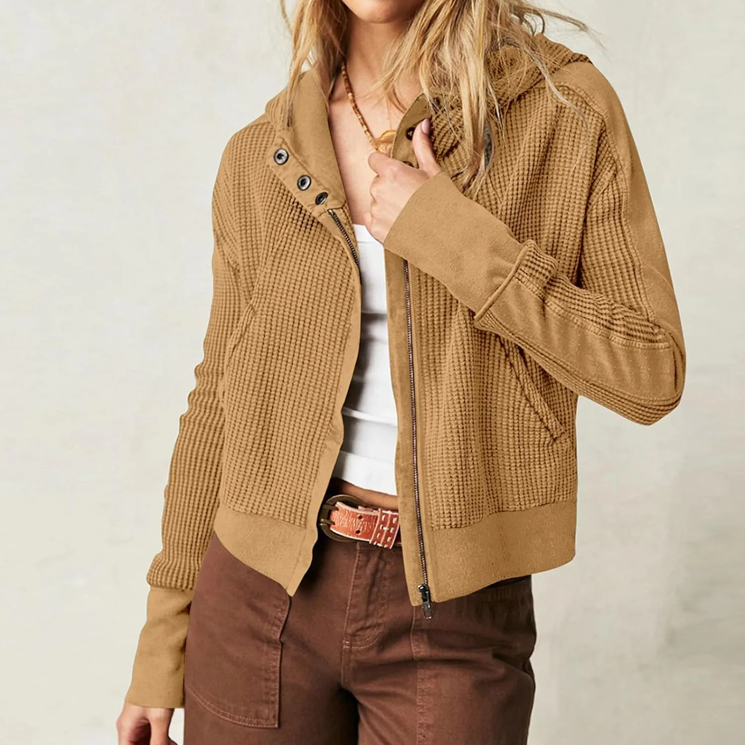 Womens Cropped Jackets 2023 Fashion Zipper Sweatshirts Hoodies Button Neck Plain Tops Fall Outfits Winter Clothes