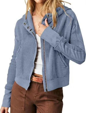 Womens Cropped Jackets 2023 Fashion Zipper Sweatshirts Hoodies Button Neck Plain Tops Fall Outfits Winter Clothes