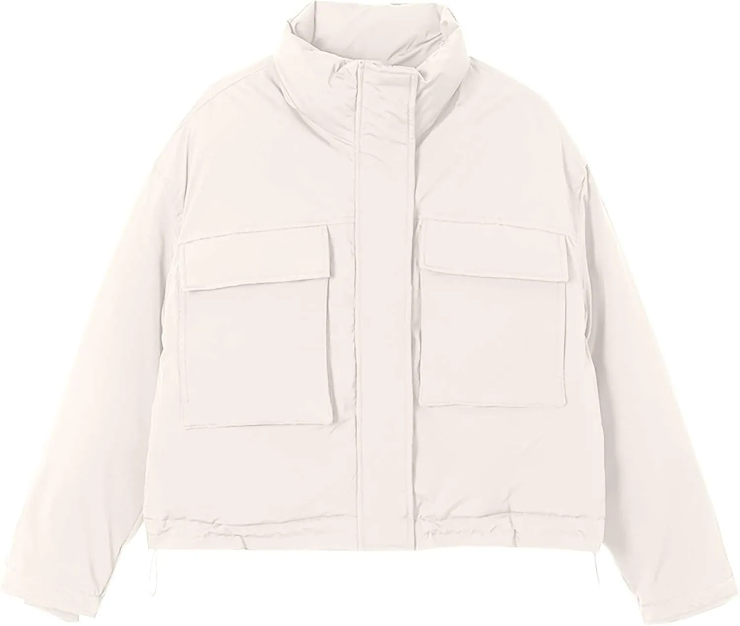 Women's Cropped Puffer Jacket Pockets Full Zip Padded Down Coats Parkas Long Sleeve Baggy Quilted Jackets Outerwear